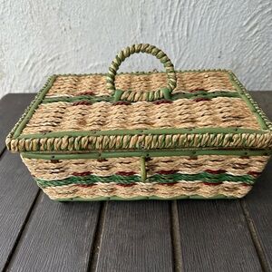 Vintage Woven Basket with Green Accents